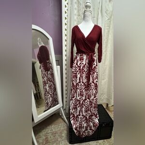 Fashionomics Wine Wrap Maxi Dress with White Patterned Skirt